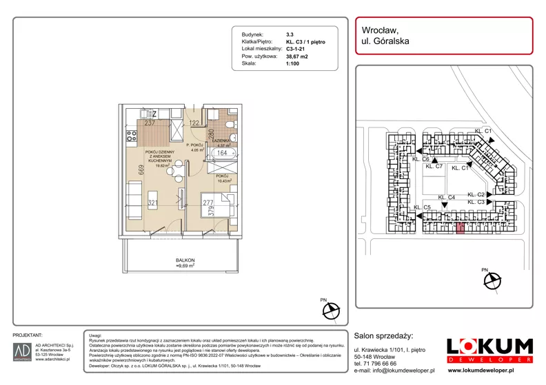 2 pokoje, mieszkanie 38,67 m², piętro 1, oferta nr C3-1-21, Lokum Soho, Wrocław, Stare Miasto, ul. Góralska