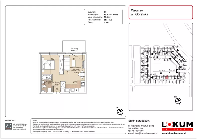 1 pokój, mieszkanie 34,74 m², piętro 1, oferta nr C3-1-22, Lokum Soho, Wrocław, Stare Miasto, ul. Góralska