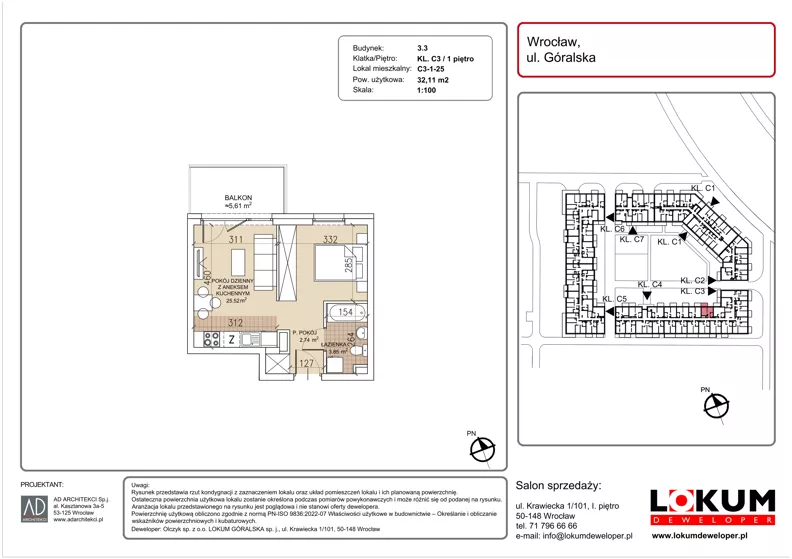 1 pokój, mieszkanie 32,11 m², piętro 1, oferta nr C3-1-25, Lokum Soho, Wrocław, Stare Miasto, ul. Góralska