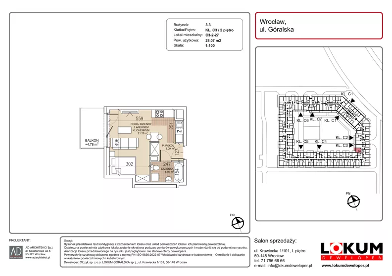 1 pokój, mieszkanie 28,07 m², piętro 2, oferta nr C3-2-27, Lokum Soho, Wrocław, Stare Miasto, ul. Góralska