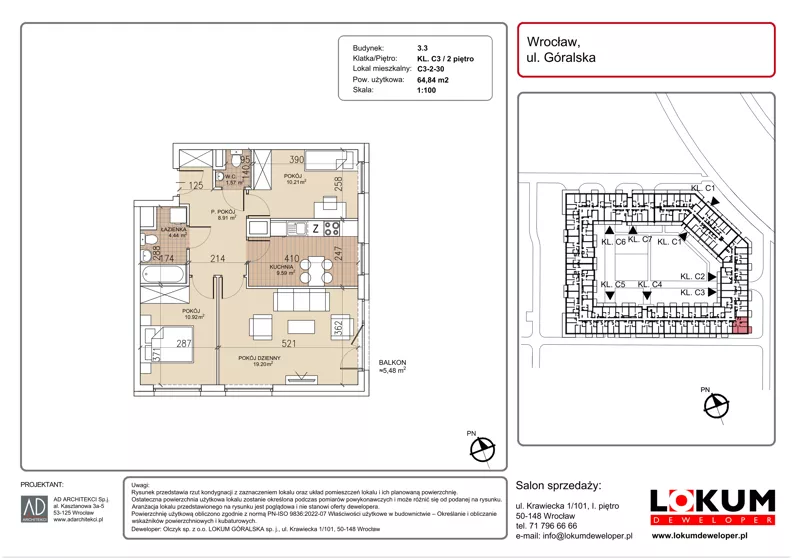 3 pokoje, mieszkanie 64,84 m², piętro 2, oferta nr C3-2-30, Lokum Soho, Wrocław, Stare Miasto, ul. Góralska