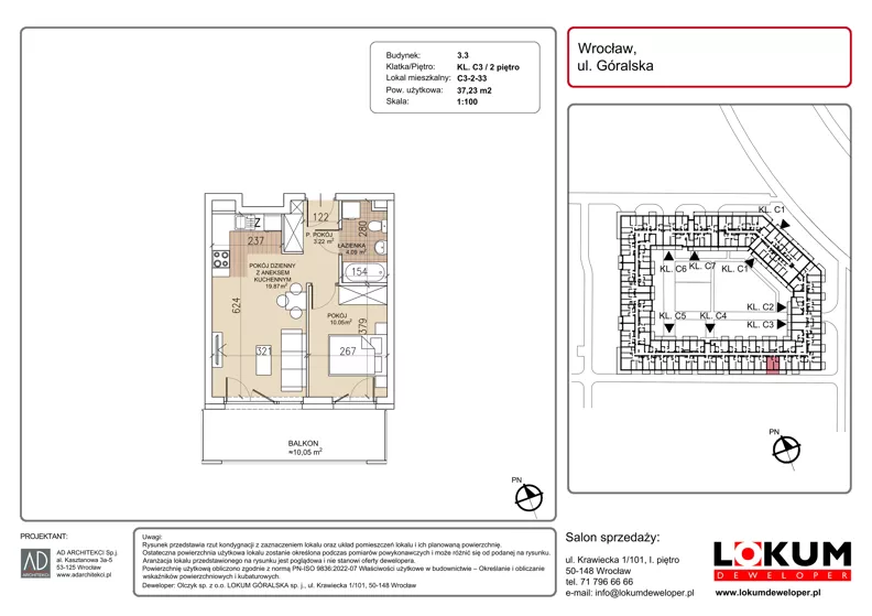 2 pokoje, mieszkanie 37,23 m², piętro 2, oferta nr C3-2-33, Lokum Soho, Wrocław, Stare Miasto, ul. Góralska