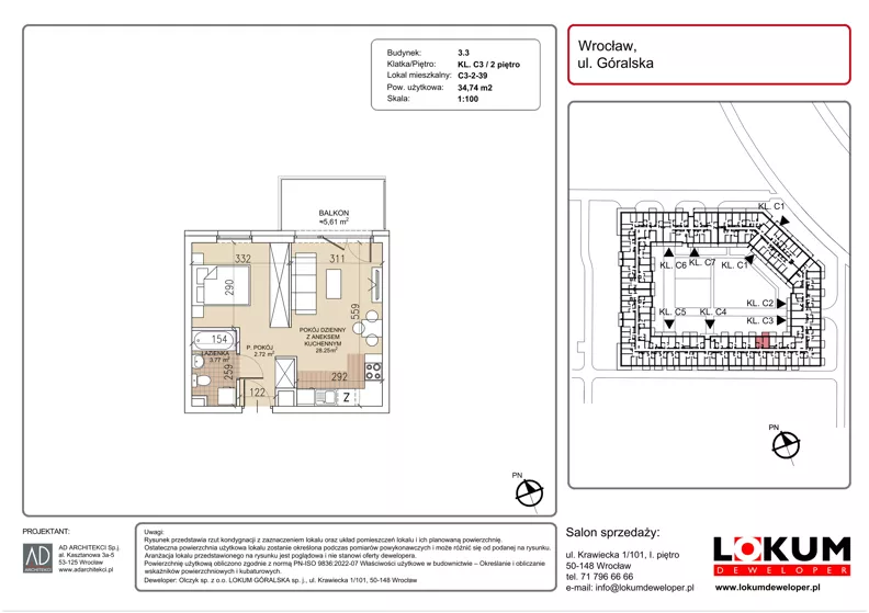 1 pokój, mieszkanie 34,74 m², piętro 2, oferta nr C3-2-39, Lokum Soho, Wrocław, Stare Miasto, ul. Góralska