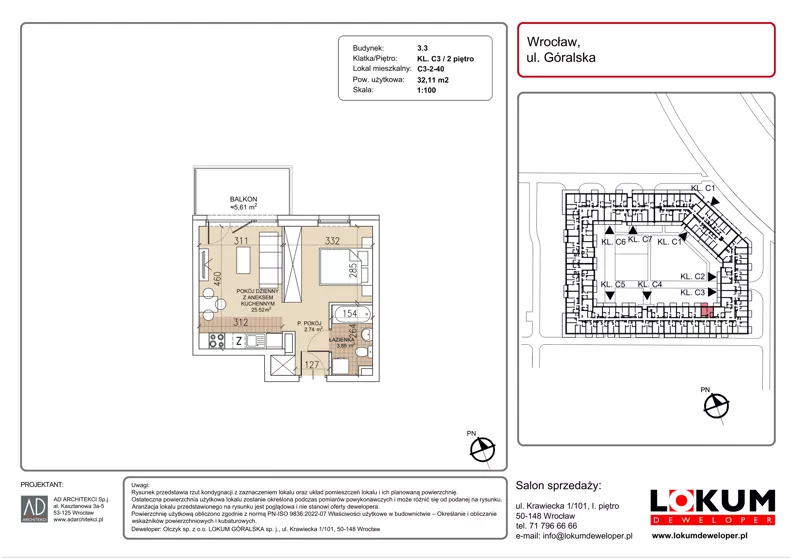1 pokój, mieszkanie 32,11 m², piętro 2, oferta nr C3-2-40, Lokum Soho, Wrocław, Stare Miasto, ul. Góralska