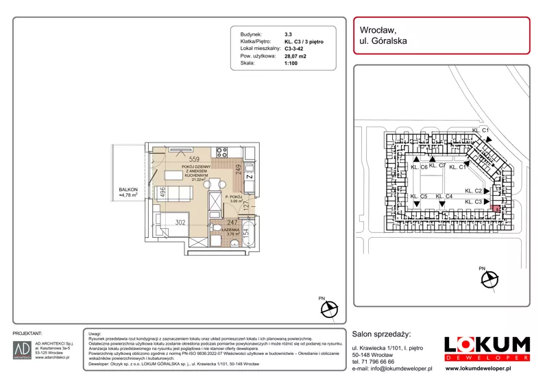 1 pokój, mieszkanie 28,07 m², piętro 3, oferta nr C3-3-42, Lokum Soho, Wrocław, Stare Miasto, ul. Góralska