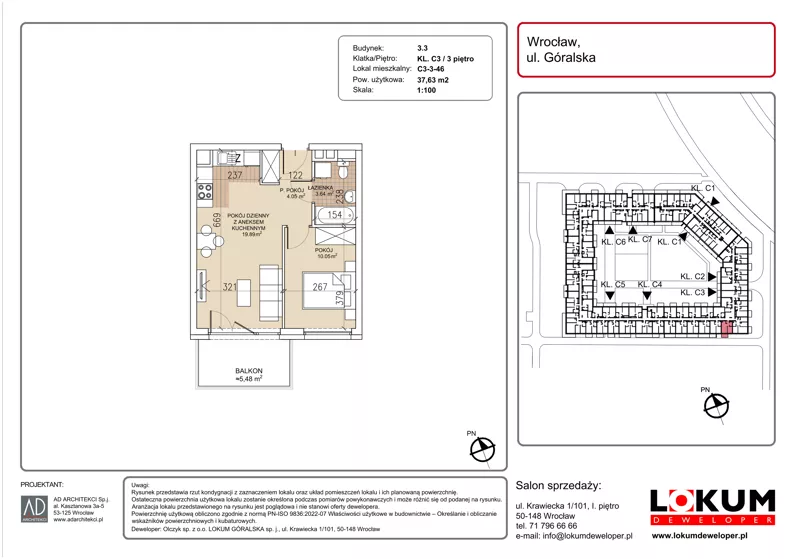 2 pokoje, mieszkanie 37,63 m², piętro 3, oferta nr C3-3-46, Lokum Soho, Wrocław, Stare Miasto, ul. Góralska