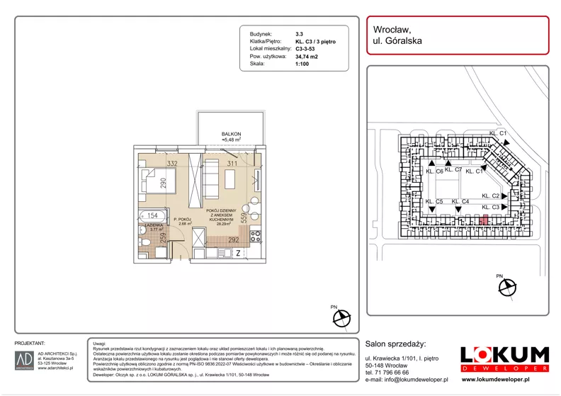 1 pokój, mieszkanie 34,74 m², piętro 3, oferta nr C3-3-53, Lokum Soho, Wrocław, Stare Miasto, ul. Góralska