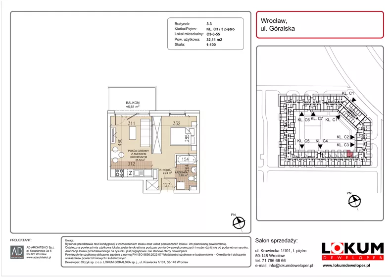 1 pokój, mieszkanie 32,11 m², piętro 3, oferta nr C3-3-55, Lokum Soho, Wrocław, Stare Miasto, ul. Góralska