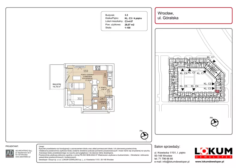 1 pokój, mieszkanie 28,07 m², piętro 4, oferta nr C3-4-57, Lokum Soho, Wrocław, Stare Miasto, ul. Góralska