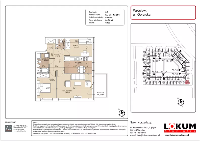 3 pokoje, mieszkanie 64,84 m², piętro 4, oferta nr C3-4-60, Lokum Soho, Wrocław, Stare Miasto, ul. Góralska