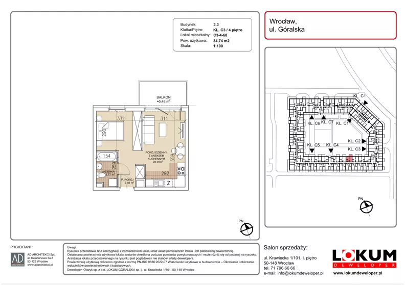1 pokój, mieszkanie 34,74 m², piętro 4, oferta nr C3-4-68, Lokum Soho, Wrocław, Stare Miasto, ul. Góralska