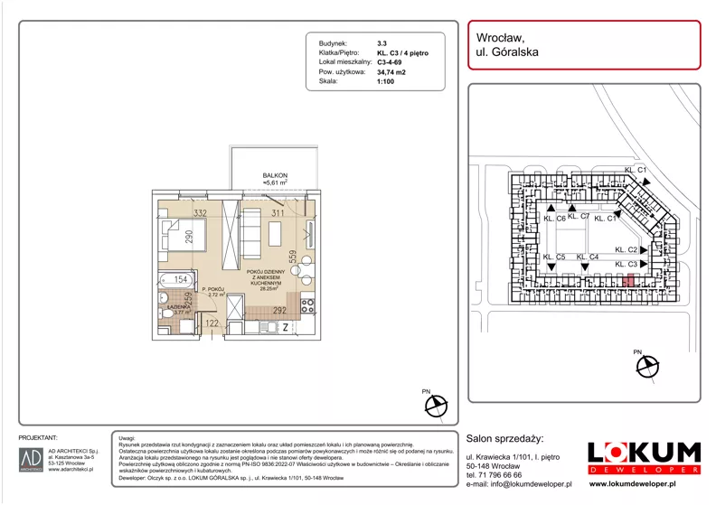 1 pokój, mieszkanie 34,74 m², piętro 4, oferta nr C3-4-69, Lokum Soho, Wrocław, Stare Miasto, ul. Góralska