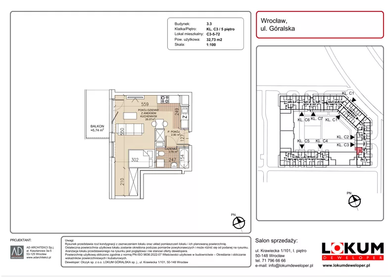 1 pokój, mieszkanie 32,73 m², piętro 5, oferta nr C3-5-72, Lokum Soho, Wrocław, Stare Miasto, ul. Góralska