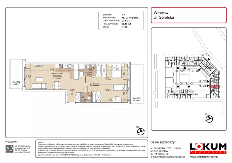 3 pokoje, mieszkanie 63,97 m², piętro 5, oferta nr C3-5-73, Lokum Soho, Wrocław, Stare Miasto, ul. Góralska