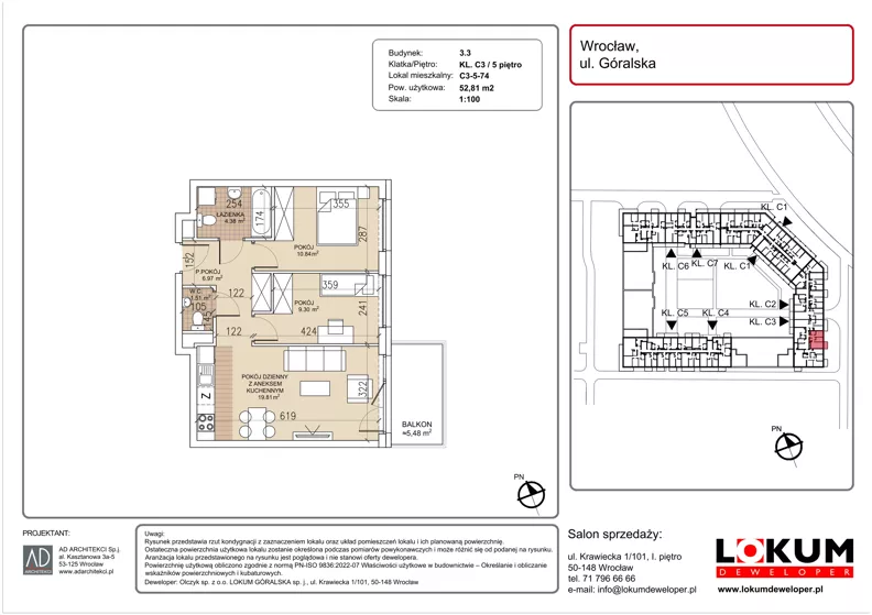 3 pokoje, mieszkanie 52,81 m², piętro 5, oferta nr C3-5-74, Lokum Soho, Wrocław, Stare Miasto, ul. Góralska
