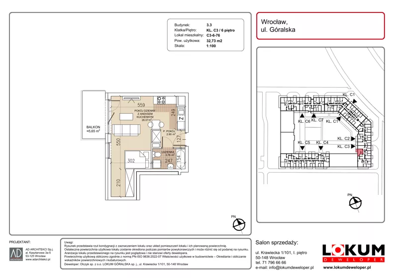 1 pokój, mieszkanie 32,73 m², piętro 6, oferta nr C3-6-76, Lokum Soho, Wrocław, Stare Miasto, ul. Góralska