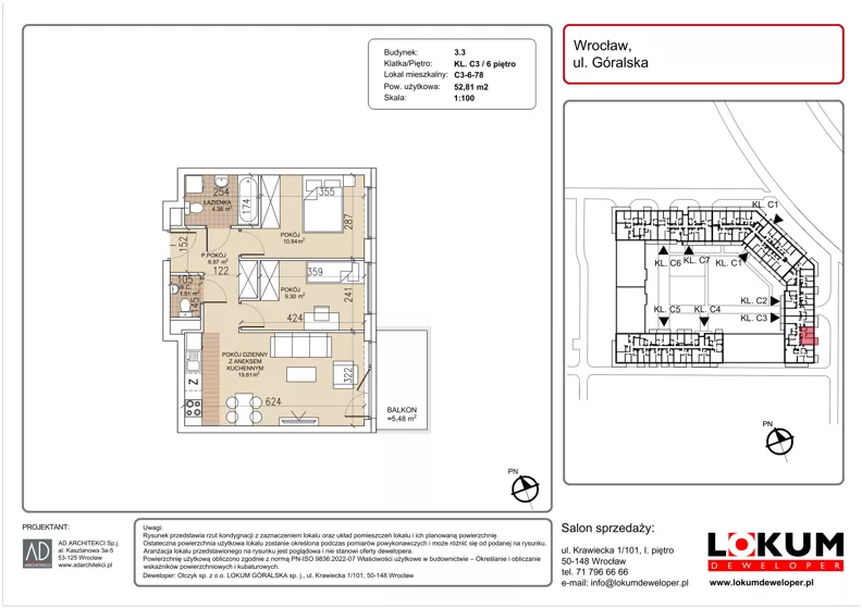 3 pokoje, mieszkanie 52,81 m², piętro 6, oferta nr C3-6-78, Lokum Soho, Wrocław, Stare Miasto, ul. Góralska