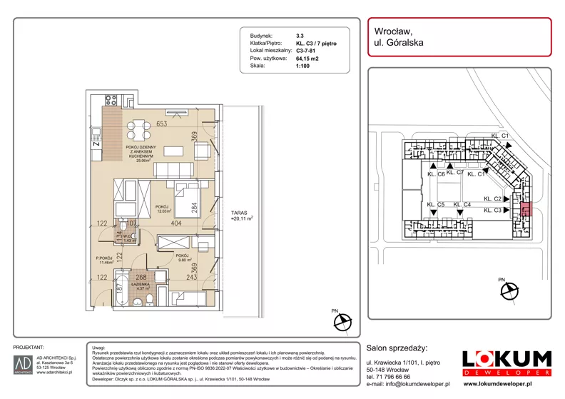 3 pokoje, mieszkanie 64,15 m², piętro 7, oferta nr C3-7-81, Lokum Soho, Wrocław, Stare Miasto, ul. Góralska