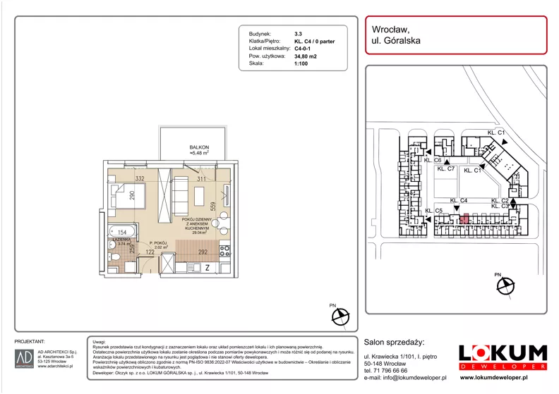 1 pokój, mieszkanie 34,80 m², parter, oferta nr C4-0-1, Lokum Soho, Wrocław, Stare Miasto, ul. Góralska
