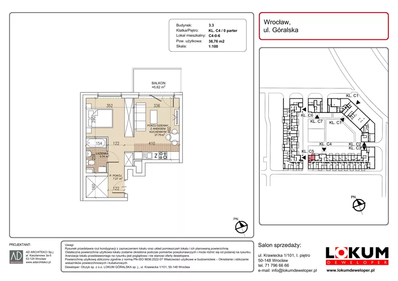 1 pokój, mieszkanie 38,76 m², parter, oferta nr C4-0-6, Lokum Soho, Wrocław, Stare Miasto, ul. Góralska