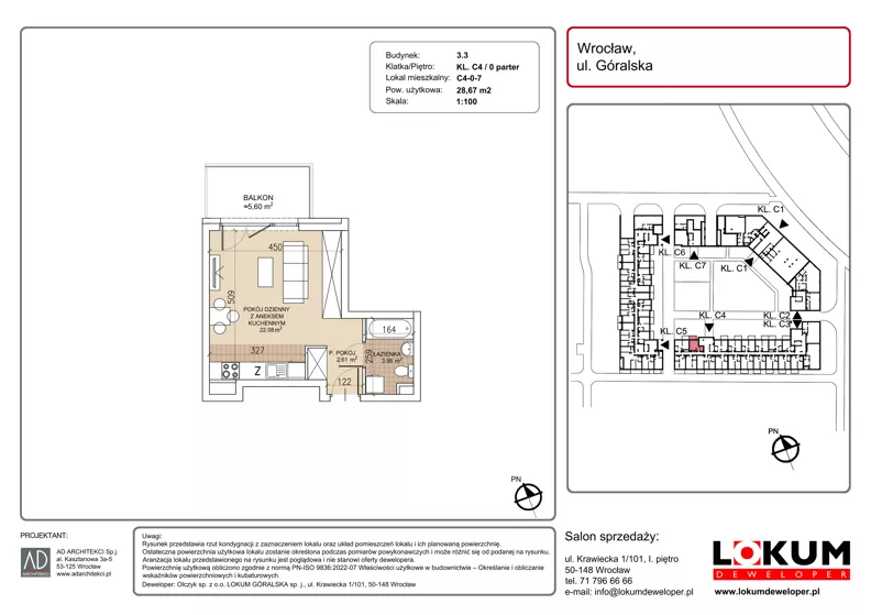 1 pokój, mieszkanie 28,67 m², parter, oferta nr C4-0-7, Lokum Soho, Wrocław, Stare Miasto, ul. Góralska
