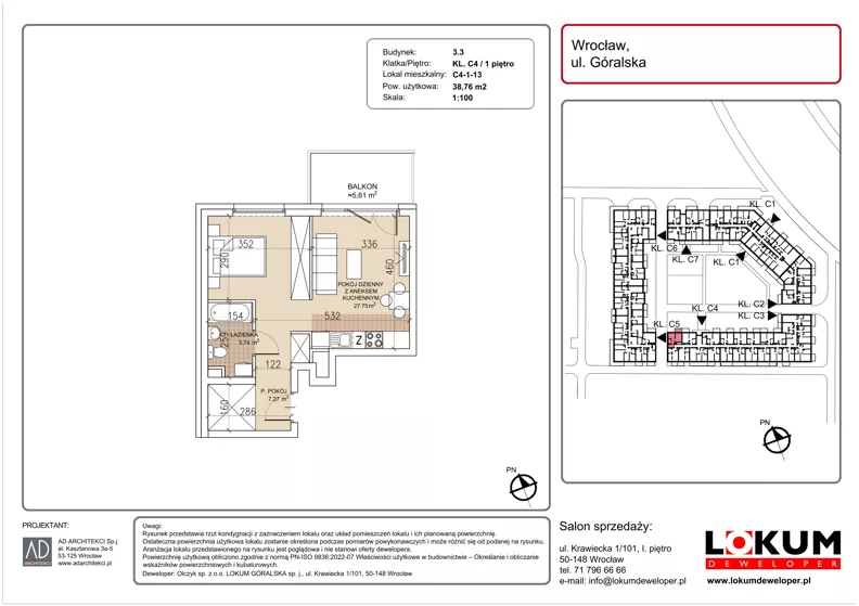 1 pokój, mieszkanie 38,76 m², piętro 1, oferta nr C4-1-13, Lokum Soho, Wrocław, Stare Miasto, ul. Góralska