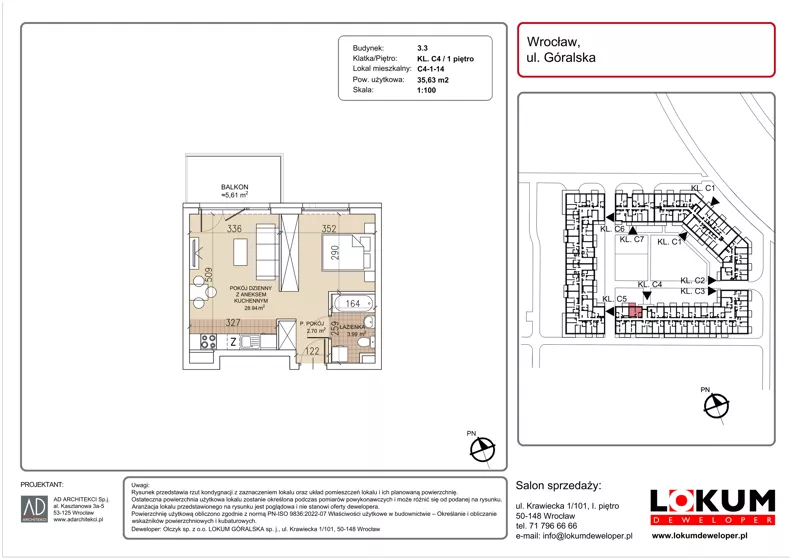 1 pokój, mieszkanie 35,63 m², piętro 1, oferta nr C4-1-14, Lokum Soho, Wrocław, Stare Miasto, ul. Góralska