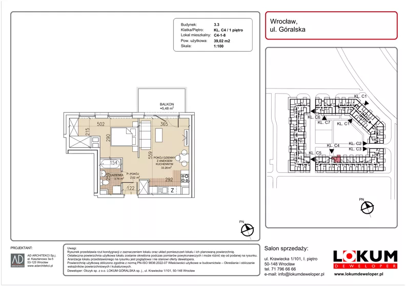 1 pokój, mieszkanie 39,02 m², piętro 1, oferta nr C4-1-8, Lokum Soho, Wrocław, Stare Miasto, ul. Góralska