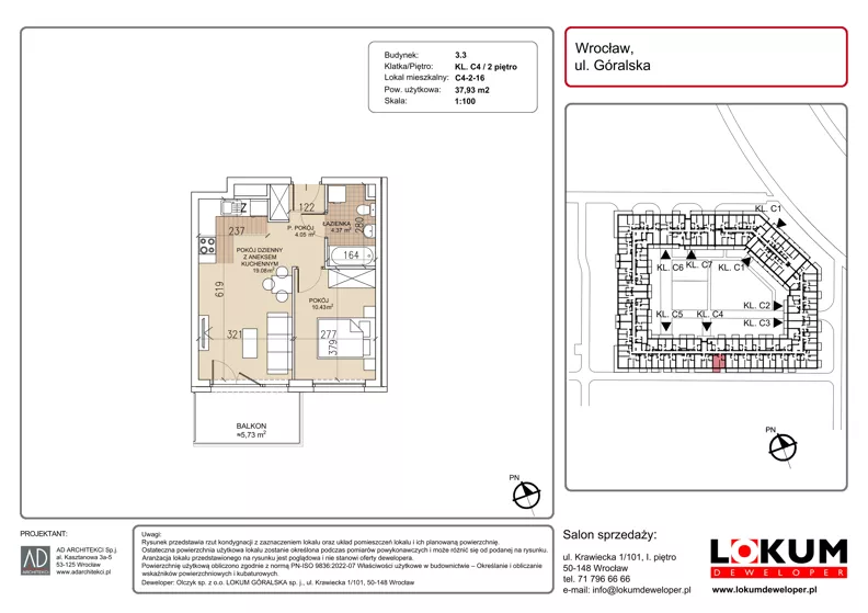 2 pokoje, mieszkanie 37,93 m², piętro 2, oferta nr C4-2-16, Lokum Soho, Wrocław, Stare Miasto, ul. Góralska