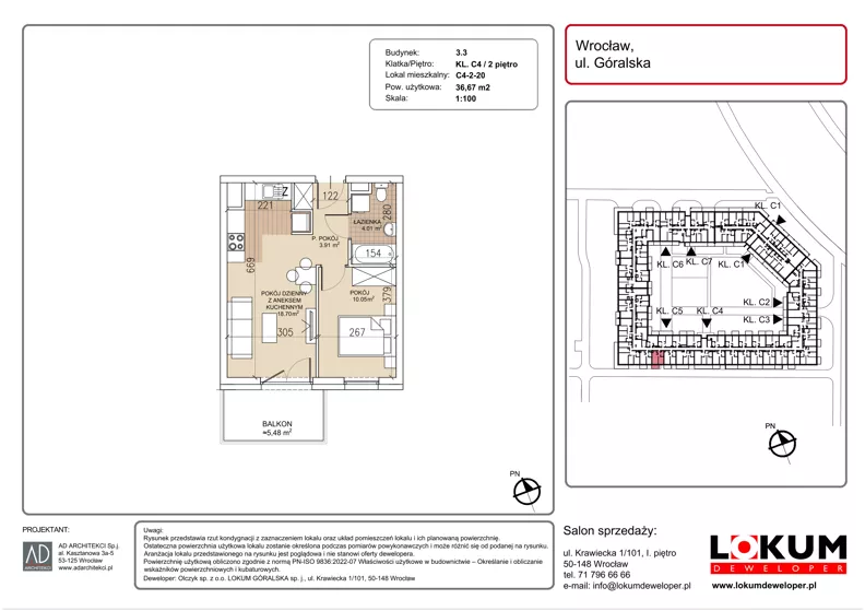 2 pokoje, mieszkanie 36,67 m², piętro 2, oferta nr C4-2-20, Lokum Soho, Wrocław, Stare Miasto, ul. Góralska