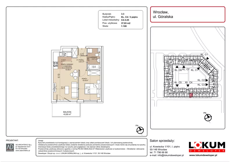 2 pokoje, mieszkanie 37,93 m², piętro 3, oferta nr C4-3-25, Lokum Soho, Wrocław, Stare Miasto, ul. Góralska