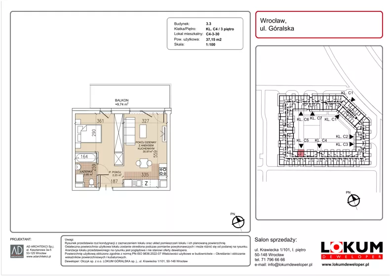 1 pokój, mieszkanie 37,15 m², piętro 3, oferta nr C4-3-30, Lokum Soho, Wrocław, Stare Miasto, ul. Góralska