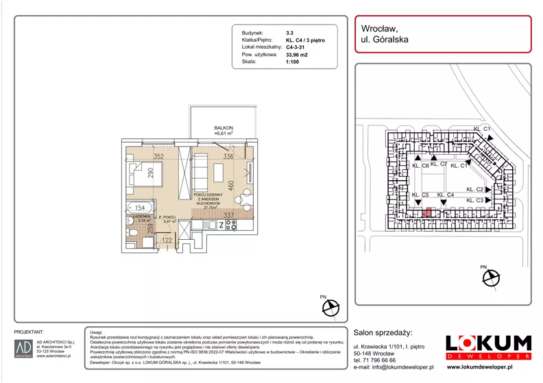 1 pokój, mieszkanie 33,96 m², piętro 3, oferta nr C4-3-31, Lokum Soho, Wrocław, Stare Miasto, ul. Góralska