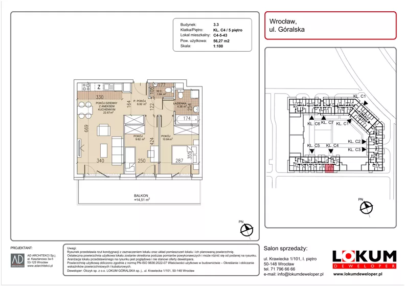 3 pokoje, mieszkanie 56,27 m², piętro 5, oferta nr C4-5-43, Lokum Soho, Wrocław, Stare Miasto, ul. Góralska
