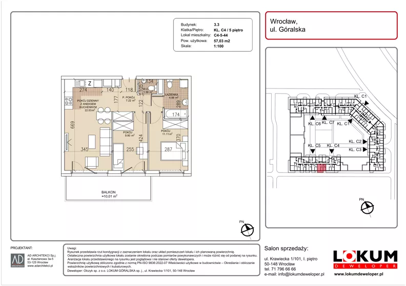 3 pokoje, mieszkanie 57,03 m², piętro 5, oferta nr C4-5-44, Lokum Soho, Wrocław, Stare Miasto, ul. Góralska