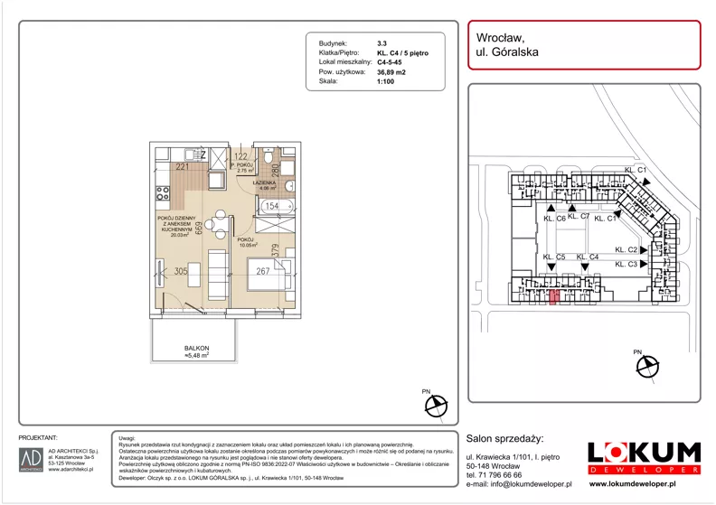 2 pokoje, mieszkanie 36,89 m², piętro 5, oferta nr C4-5-45, Lokum Soho, Wrocław, Stare Miasto, ul. Góralska
