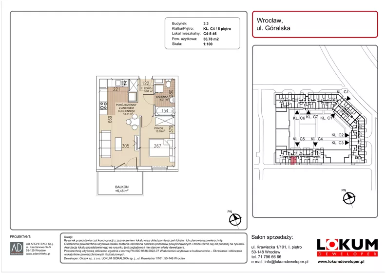 2 pokoje, mieszkanie 36,78 m², piętro 5, oferta nr C4-5-46, Lokum Soho, Wrocław, Stare Miasto, ul. Góralska
