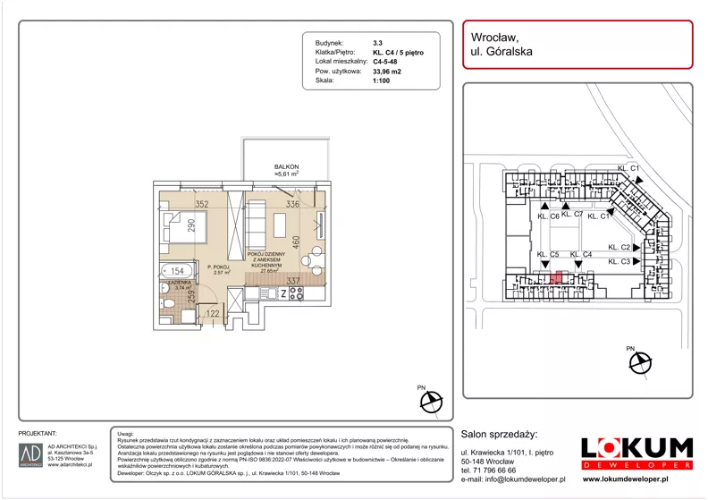 1 pokój, mieszkanie 33,96 m², piętro 5, oferta nr C4-5-48, Lokum Soho, Wrocław, Stare Miasto, ul. Góralska