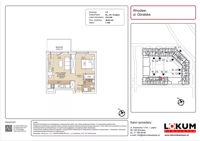 1 pokój, mieszkanie 35,63 m², piętro 5, oferta nr C4-5-49, Lokum Soho, Wrocław, Stare Miasto, ul. Góralska