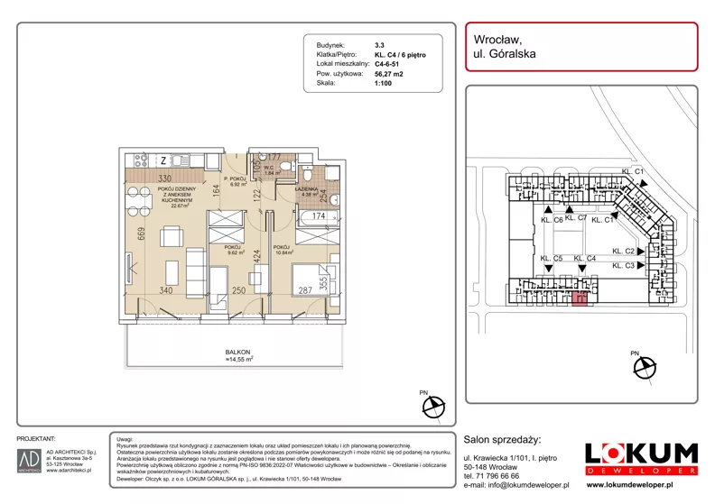 3 pokoje, mieszkanie 56,27 m², piętro 6, oferta nr C4-6-51, Lokum Soho, Wrocław, Stare Miasto, ul. Góralska
