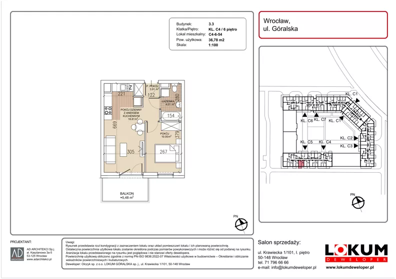 2 pokoje, mieszkanie 36,78 m², piętro 6, oferta nr C4-6-54, Lokum Soho, Wrocław, Stare Miasto, ul. Góralska