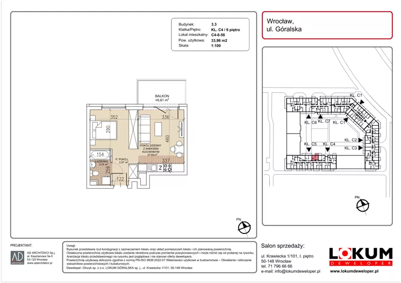 1 pokój, mieszkanie 33,96 m², piętro 6, oferta nr C4-6-56, Lokum Soho, Wrocław, Stare Miasto, ul. Góralska