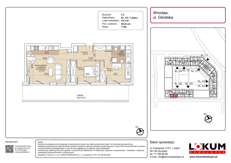 3 pokoje, mieszkanie 58,35 m², piętro 7, oferta nr C4-7-61, Lokum Soho, Wrocław, Stare Miasto, ul. Góralska