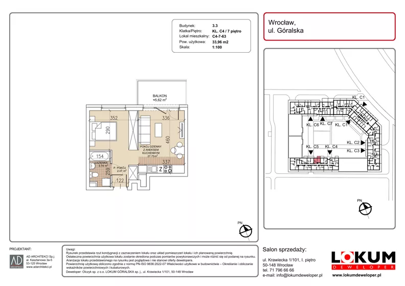1 pokój, mieszkanie 33,96 m², piętro 7, oferta nr C4-7-63, Lokum Soho, Wrocław, Stare Miasto, ul. Góralska