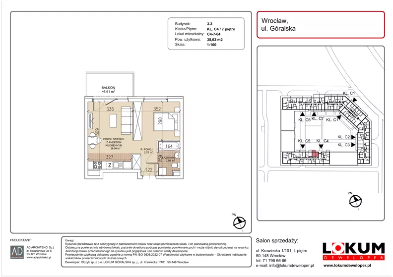 1 pokój, mieszkanie 35,63 m², piętro 7, oferta nr C4-7-64, Lokum Soho, Wrocław, Stare Miasto, ul. Góralska
