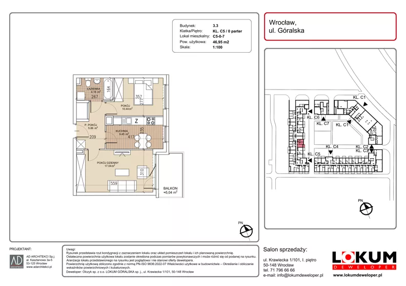 2 pokoje, mieszkanie 46,95 m², parter, oferta nr C5-0-7, Lokum Soho, Wrocław, Stare Miasto, ul. Góralska