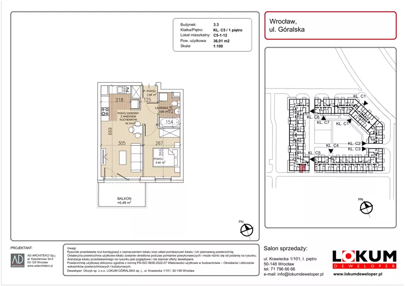 2 pokoje, mieszkanie 36,01 m², piętro 1, oferta nr C5-1-12, Lokum Soho, Wrocław, Stare Miasto, ul. Góralska