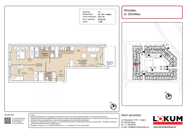 3 pokoje, mieszkanie 61,02 m², piętro 1, oferta nr C5-1-16, Lokum Soho, Wrocław, Stare Miasto, ul. Góralska