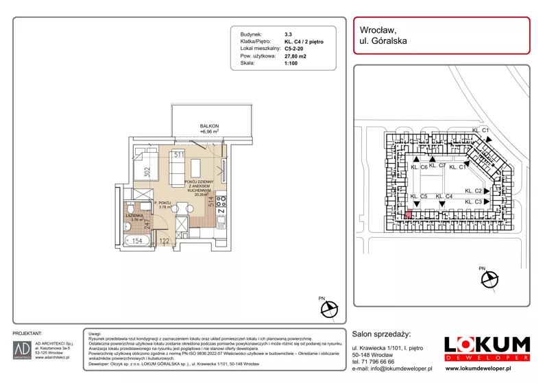 1 pokój, mieszkanie 27,80 m², piętro 2, oferta nr C5-2-20, Lokum Soho, Wrocław, Stare Miasto, ul. Góralska