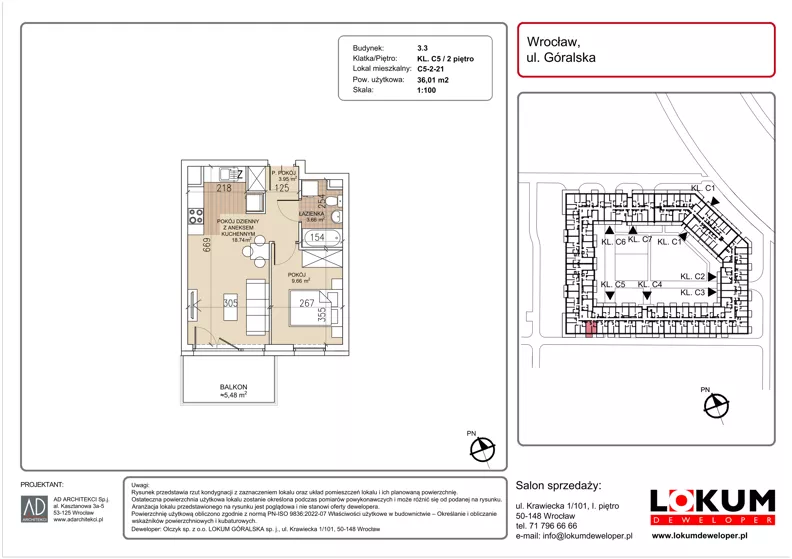 2 pokoje, mieszkanie 36,01 m², piętro 2, oferta nr C5-2-21, Lokum Soho, Wrocław, Stare Miasto, ul. Góralska